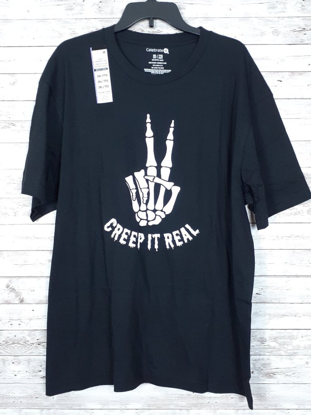 Halloween Adult Crew Neck T-Shirt 2XL Tee Creep It Real Skeleton Black 998A